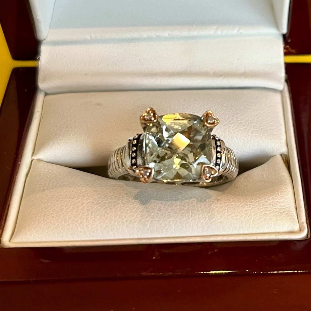 Prasiolite sterling silver ring with crystals & 18k gold